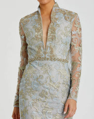 Blue Queen Anne Lace  Long Sleeve  V-Neck Trumpet Gown