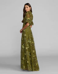 Green Queen Anne Puff Sleeve Embroidered A-Line Gown