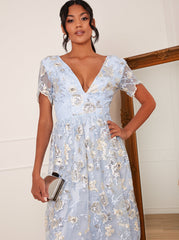 Plunge Neck Embroidered Lace Midi Dress in Blue