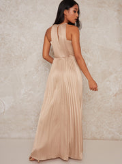 Petite High Neck Satin Pleated Maxi Dress in Champagne