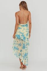 Chances Rosette Ruffle Midi Dress Floral Lemon