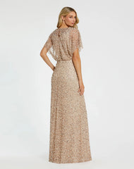 Beige Beaded Mesh Cape Gown