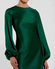 Green High Neck Long Sleeve Crystal Detail Dress