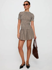 Laurita Shirred Mini Dress Brown Check