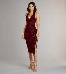 Refined Charm Flocked Velvet Halter Midi Dress