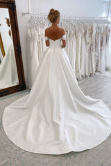 Elly | Elegant A-Line Off the Shoulder White Satin Wedding Dresses
