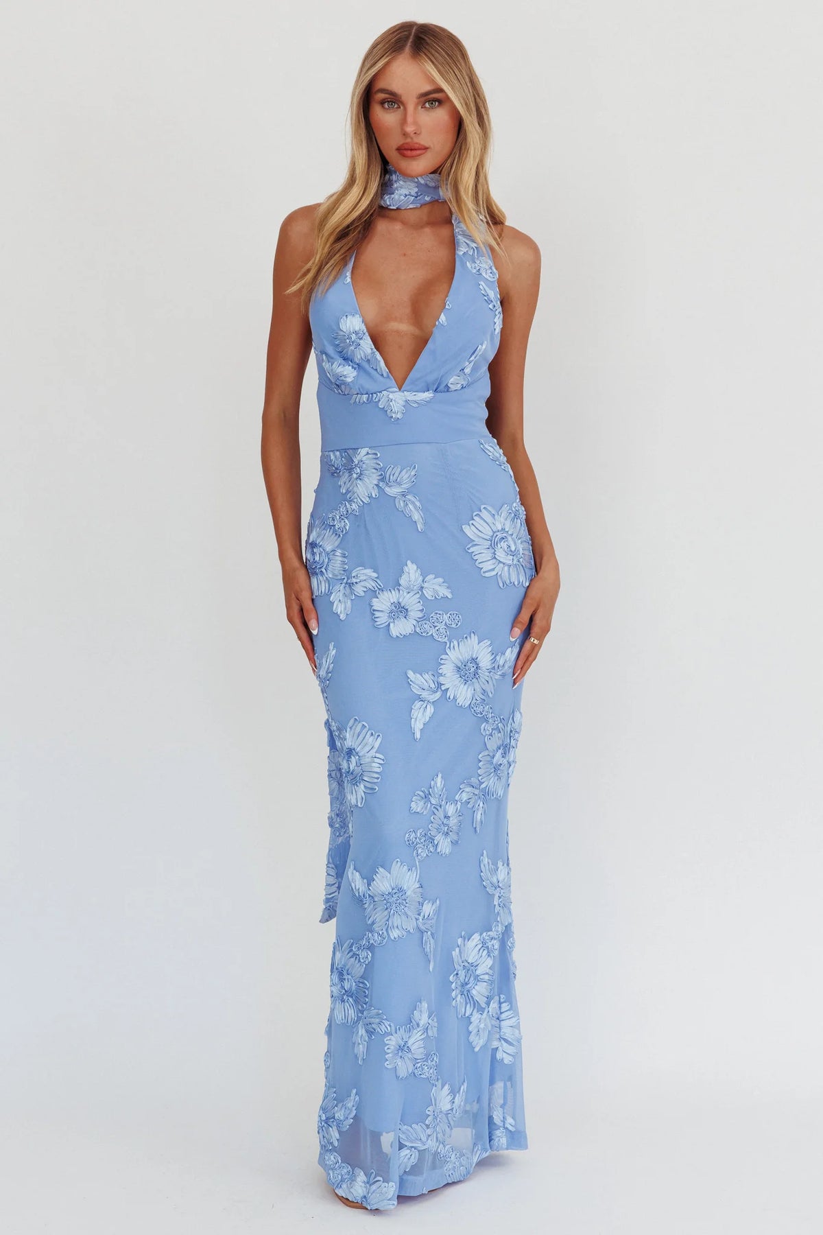 Cipriana Backless Halter Maxi Dress Embellished Blue