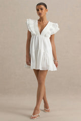 Judie | White Poplin V-Neck Ruffled Mini Dress