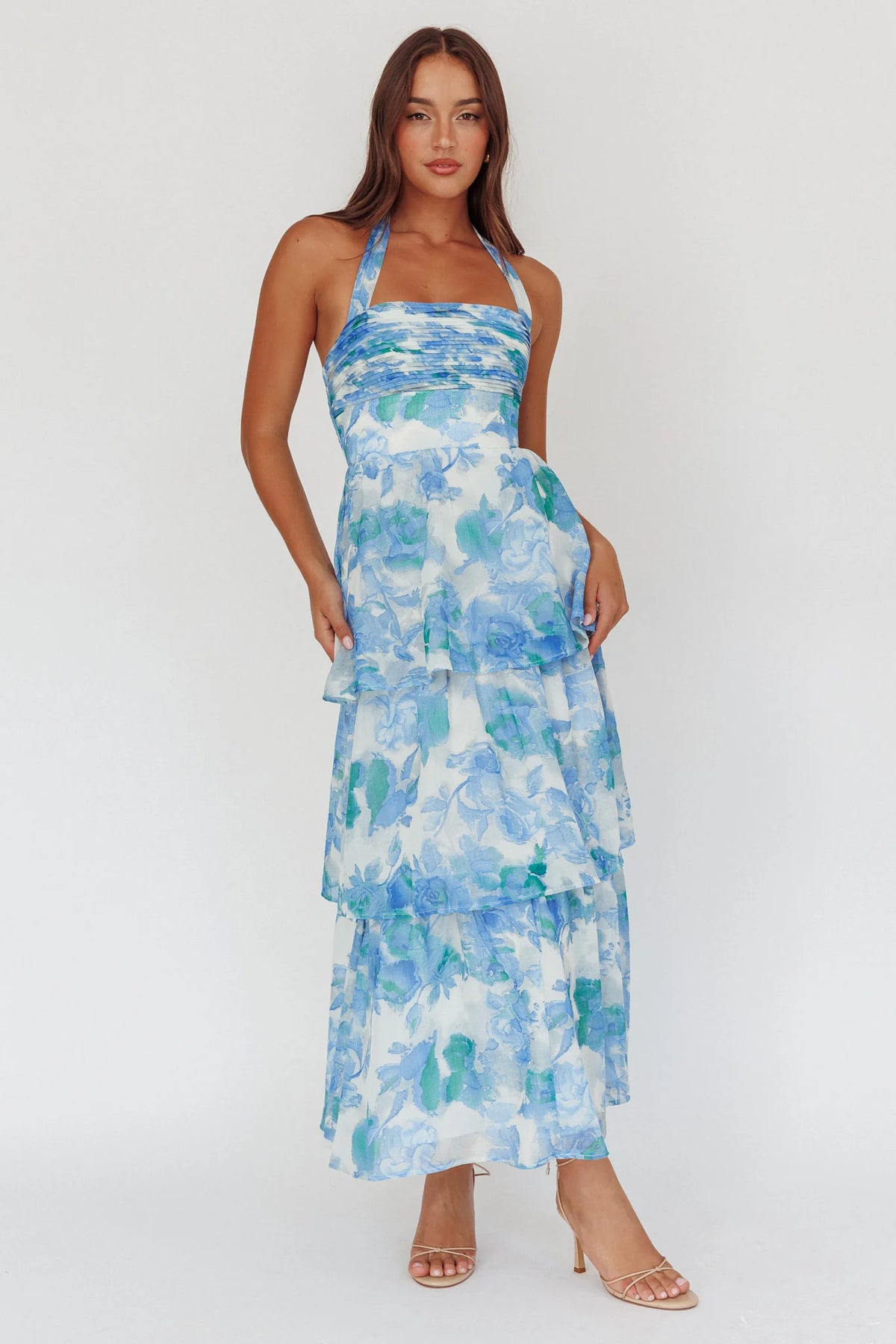 Seascape Halterneck Layered Maxi Dress Floral Blue