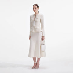 Cream Sequin Knit Tailored Midi Dress