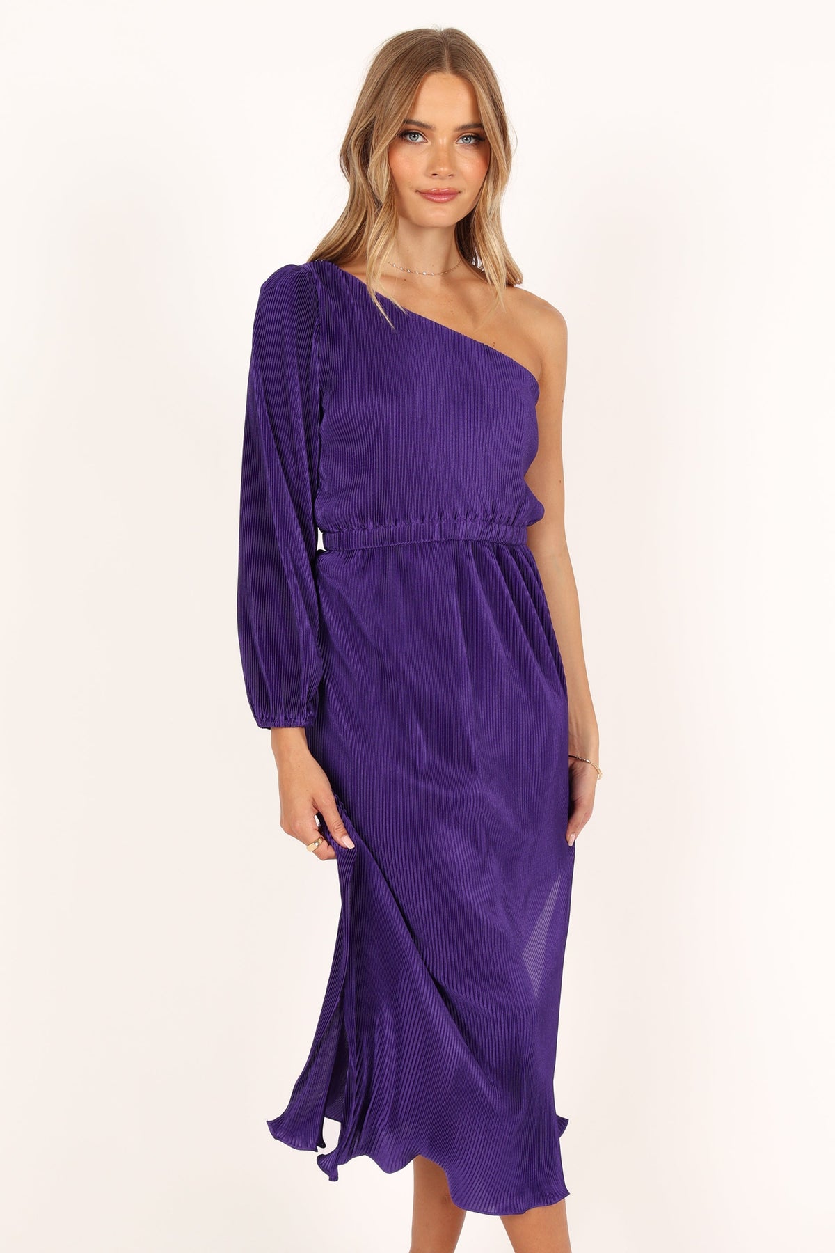 Pontee One Shoulder Pleated Midi Dress - Purple