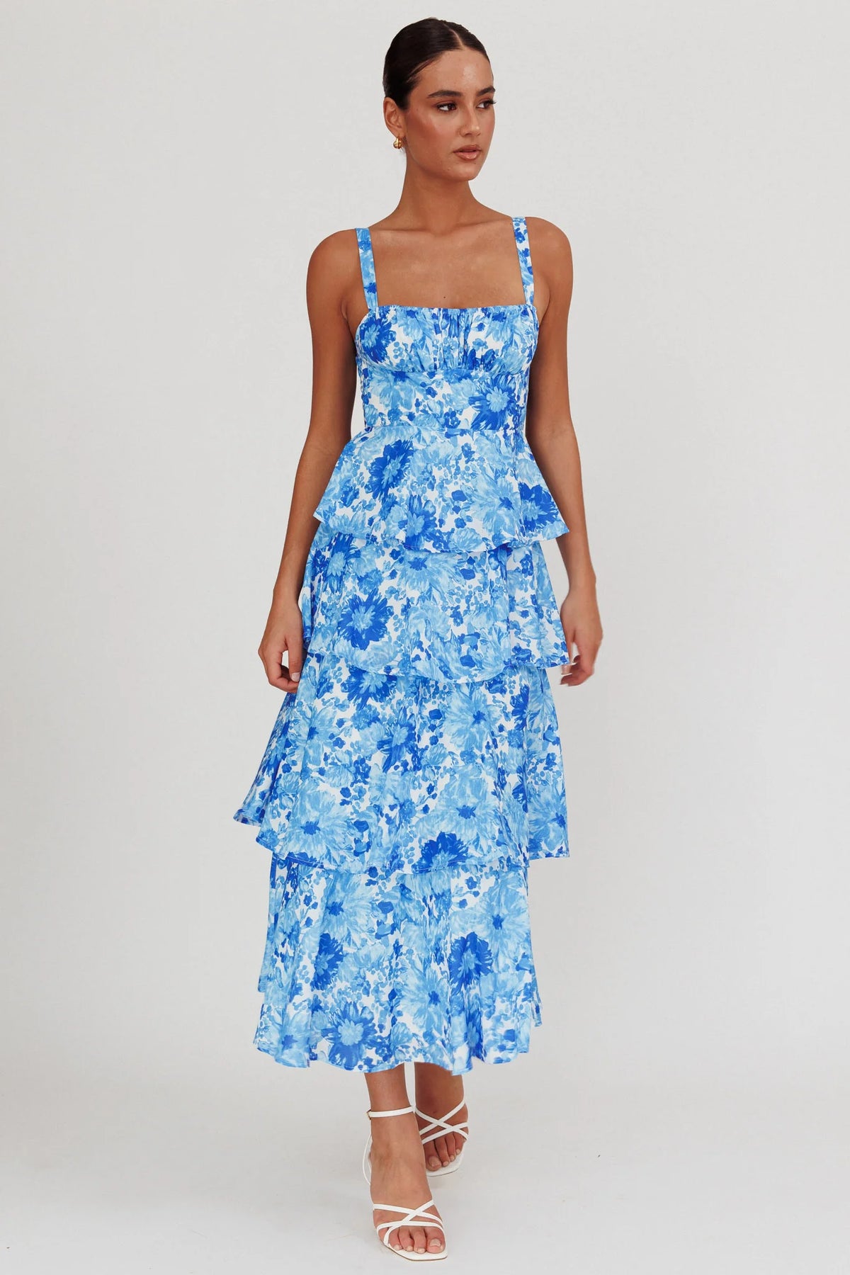 Provence Bloom Tiered Floral Maxi Dress Blue