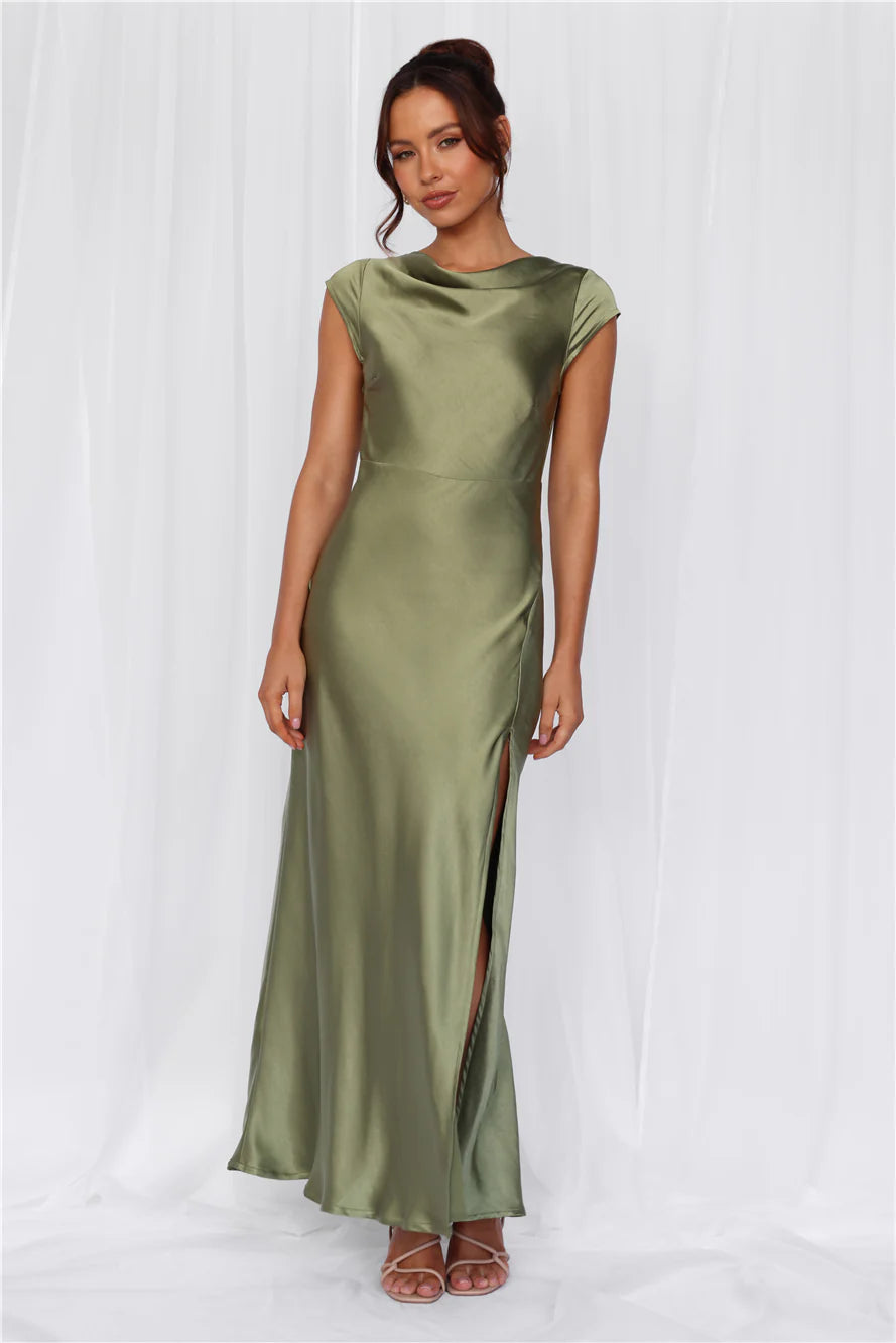 Beacnlady The Valentina Cap Sleeve Satin Maxi Dress Olive