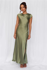 Beacnlady The Valentina Cap Sleeve Satin Maxi Dress Olive