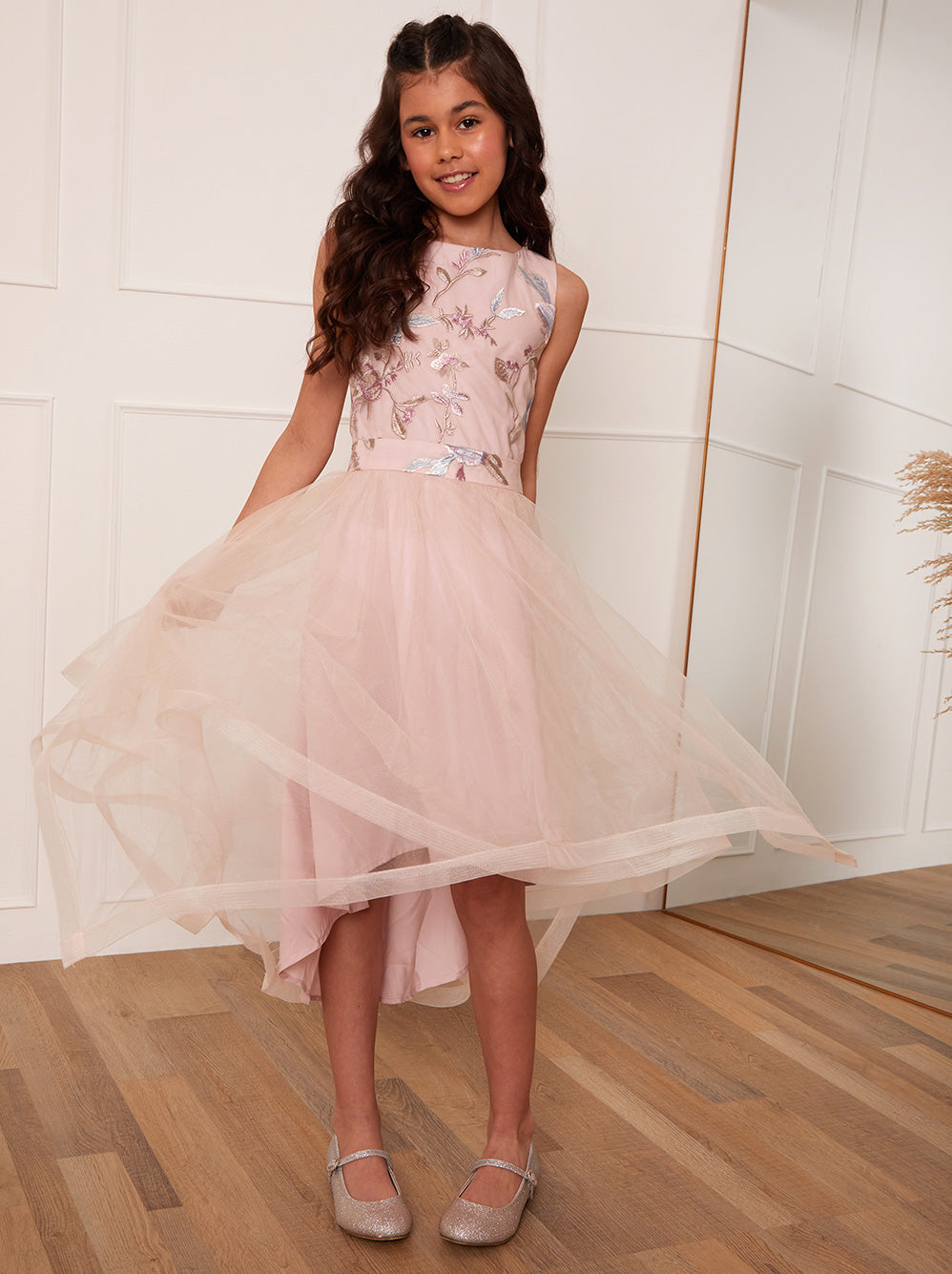 Older Girls Floral Embroidered Midi Dress in Pink