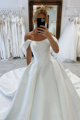 Elly | Elegant A-Line Off the Shoulder White Satin Wedding Dresses