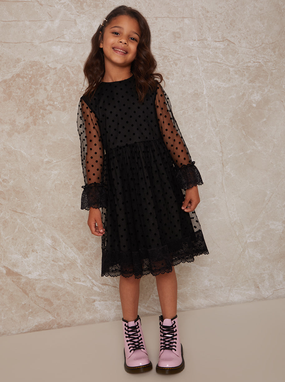 Girls Long Sleeve Polka Dot Mesh Dress in Black