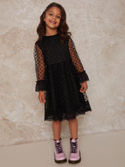 Girls Long Sleeve Polka Dot Mesh Dress in Black