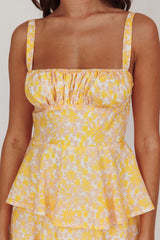 Provence Bloom Tiered Ruffle Floral Maxi Dress Yellow