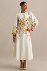 Dahlia | White Floral Border Print High-Neck Midi Dress
