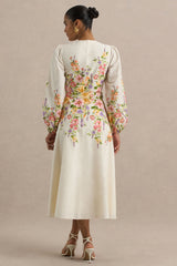 Dahlia | White Floral Border Print High-Neck Midi Dress